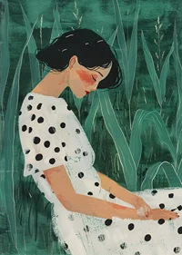 A woman at rest surrounded by green meadows, wearing a polka-dotted dress.-7