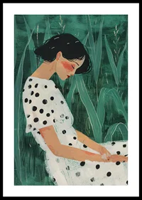 A woman at rest surrounded by green meadows, wearing a polka-dotted dress.-0