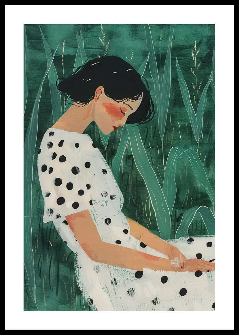 A woman at rest surrounded by green meadows, wearing a polka-dotted dress.-12