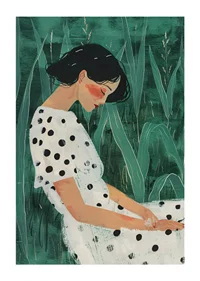 A woman at rest surrounded by green meadows, wearing a polka-dotted dress.-1