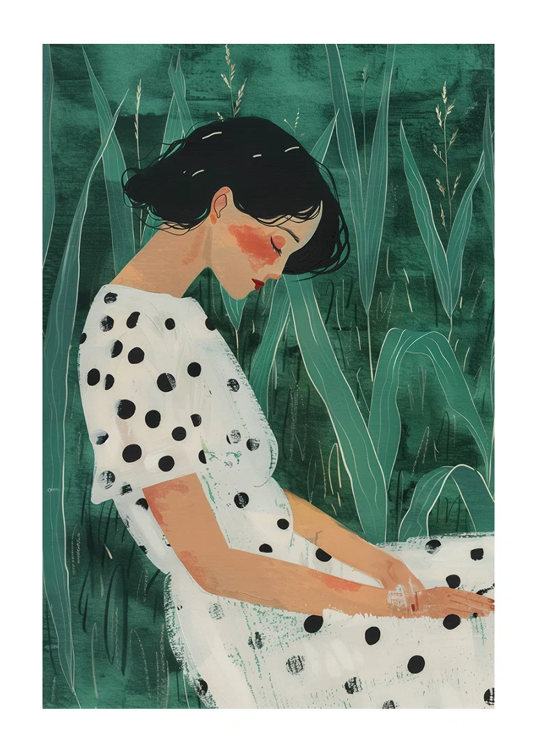 A woman at rest surrounded by green meadows, wearing a polka-dotted dress.-12