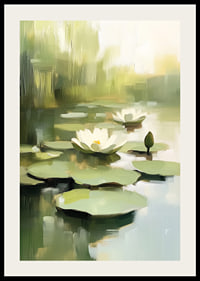 Calm water surface with blooming water lilies in focus.-2