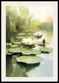 Lugn vattenyta med blommande näckrosor i fokus.-2