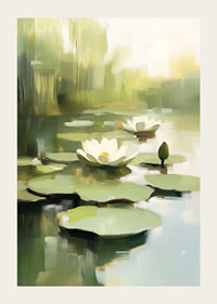 Calm water surface with blooming water lilies in focus.-3