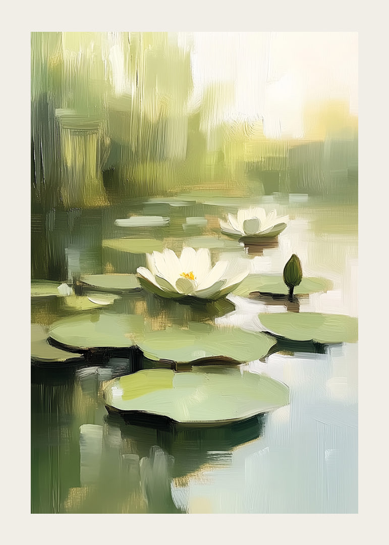 Calm water surface with blooming water lilies in focus.-12