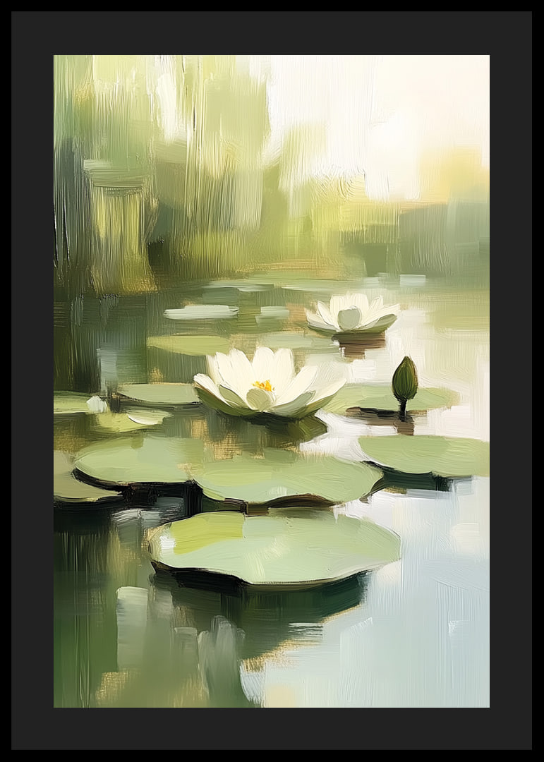 Calm water surface with blooming water lilies in focus.-12