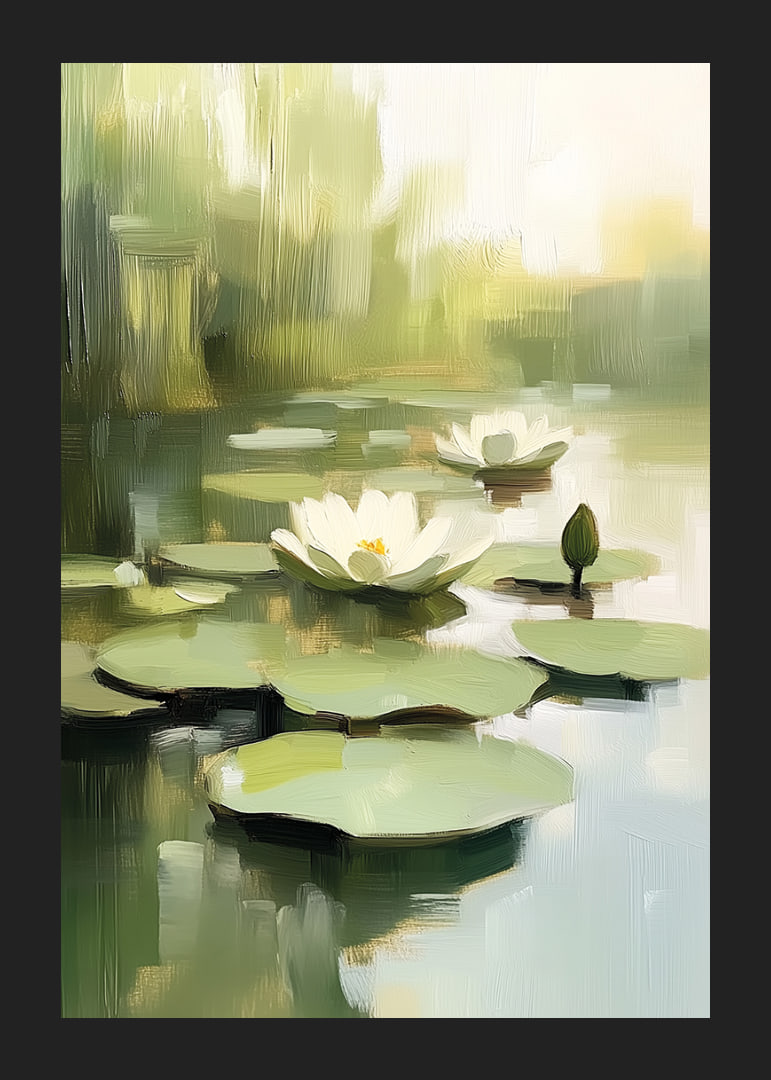 Calm water surface with blooming water lilies in focus.-12