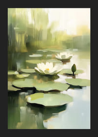 Lugn vattenyta med blommande näckrosor i fokus.-5