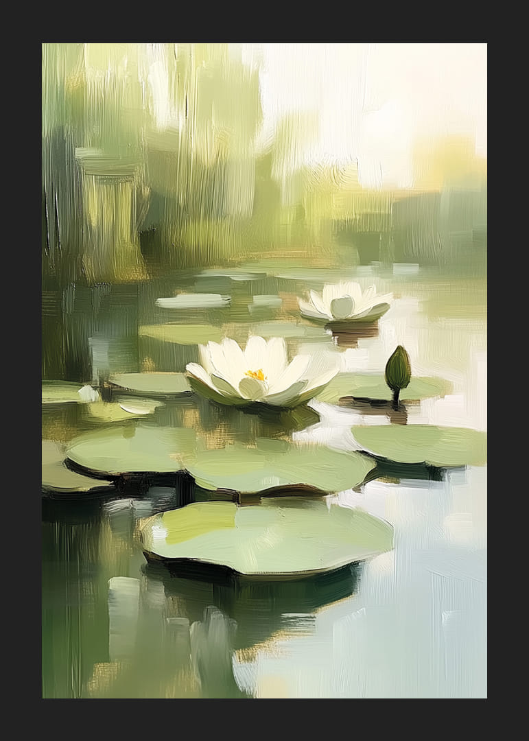 Lugn vattenyta med blommande näckrosor i fokus.-12