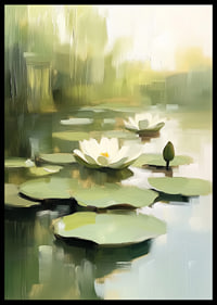 Calm water surface with blooming water lilies in focus.-6