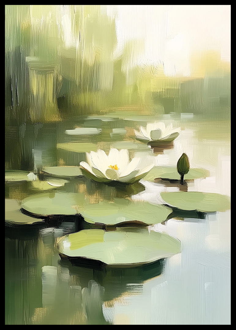 Calm water surface with blooming water lilies in focus.-12