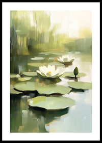 Calm water surface with blooming water lilies in focus.-0