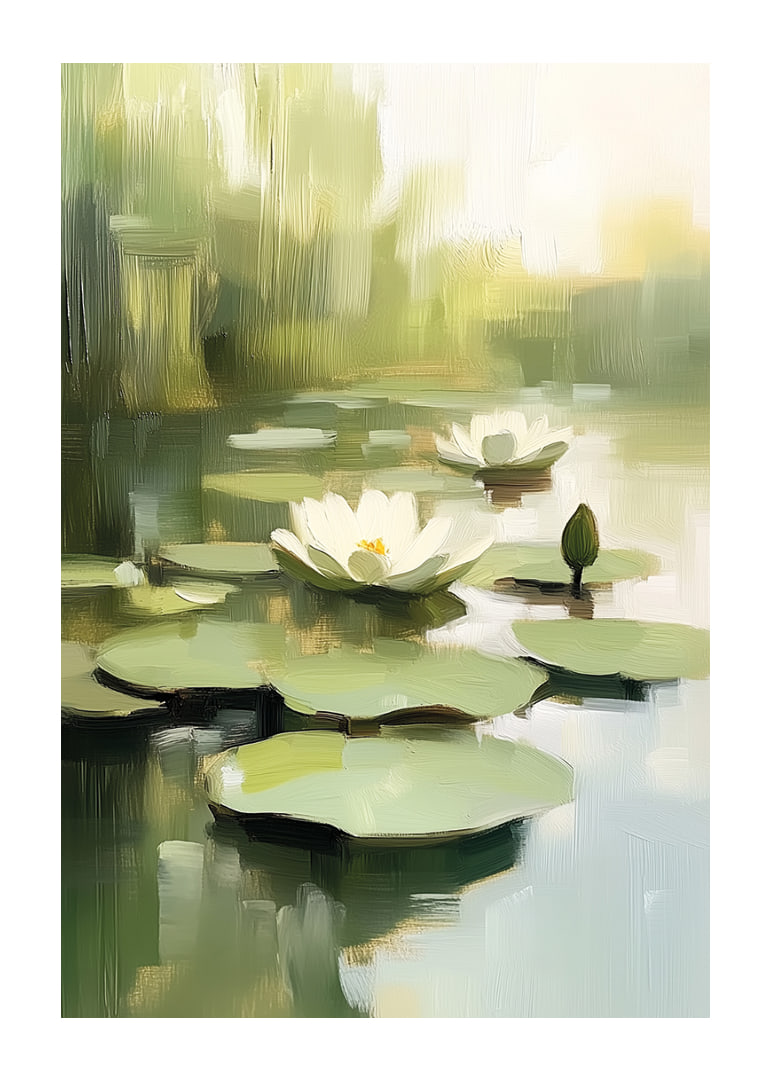 Calm water surface with blooming water lilies in focus.-12