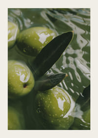 The olives float peacefully in a sea of green light.-3