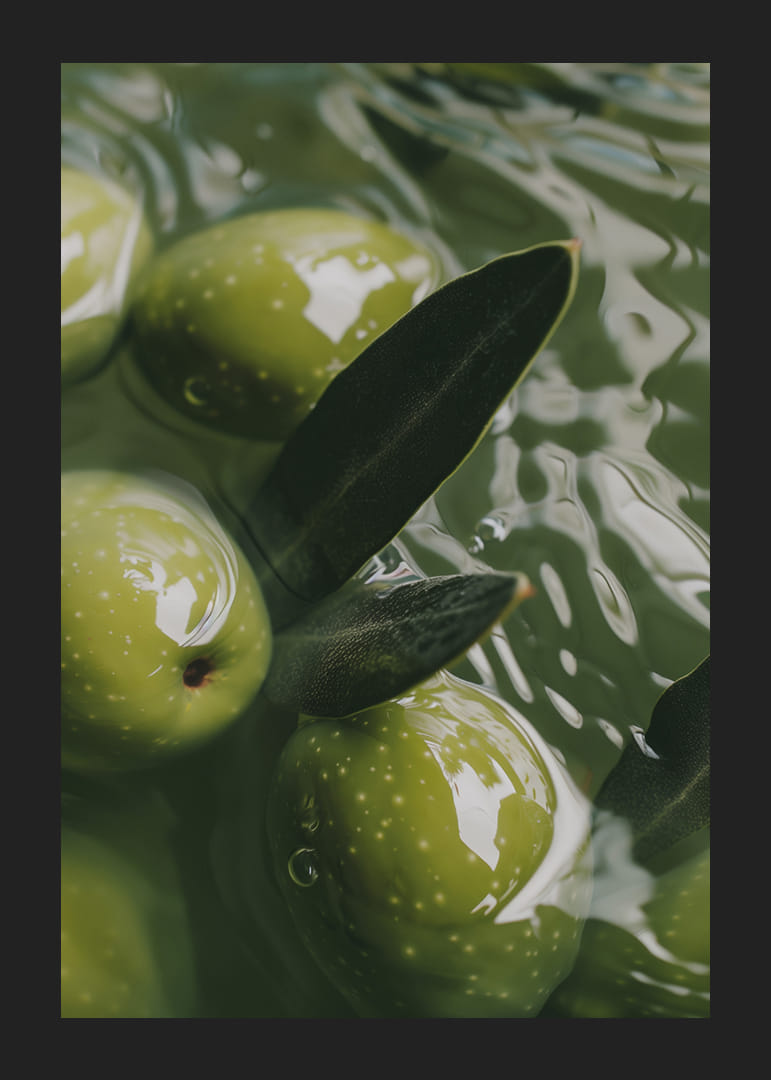 The olives float peacefully in a sea of green light.-12