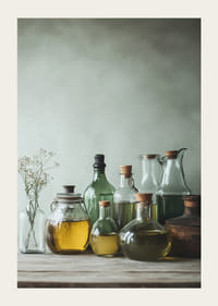 A still life image with beautiful glass bottles filled with oils in soft natural light.-3