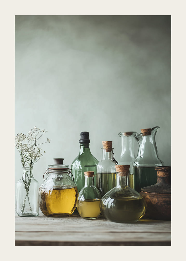 A still life image with beautiful glass bottles filled with oils in soft natural light.-12