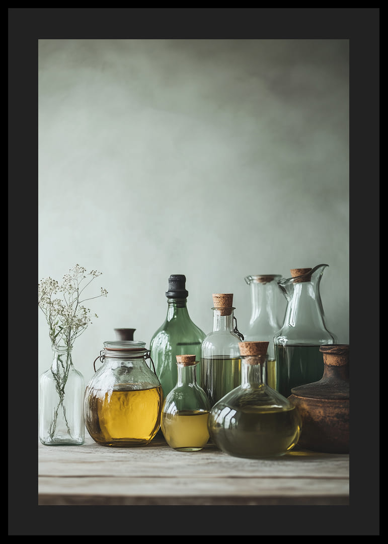 A still life image with beautiful glass bottles filled with oils in soft natural light.-12