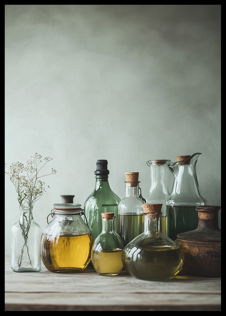 O imagine de natură statică cu sticle frumoase de sticlă umplute cu uleiuri în lumină naturală delicată.-12
