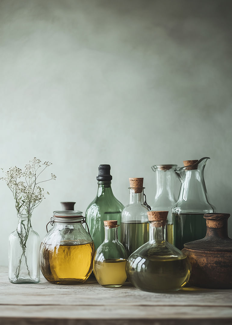 O imagine de natură statică cu sticle frumoase de sticlă umplute cu uleiuri în lumină naturală delicată.-12