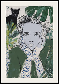 En drömlik illustration med en tankfull blick i grönt och blått.-2