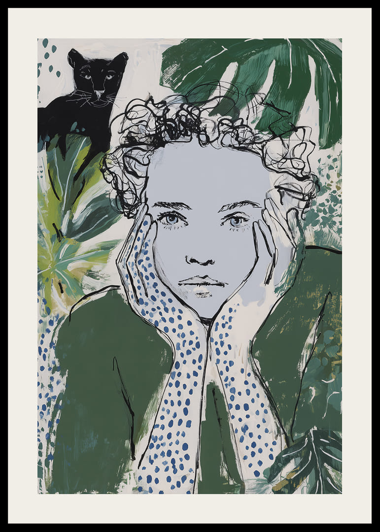 En drömlik illustration med en tankfull blick i grönt och blått.-12