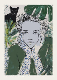 En drömlik illustration med en tankfull blick i grönt och blått.-3