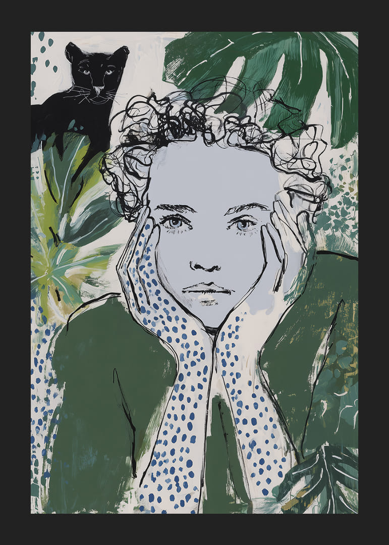 En drömlik illustration med en tankfull blick i grönt och blått.-12