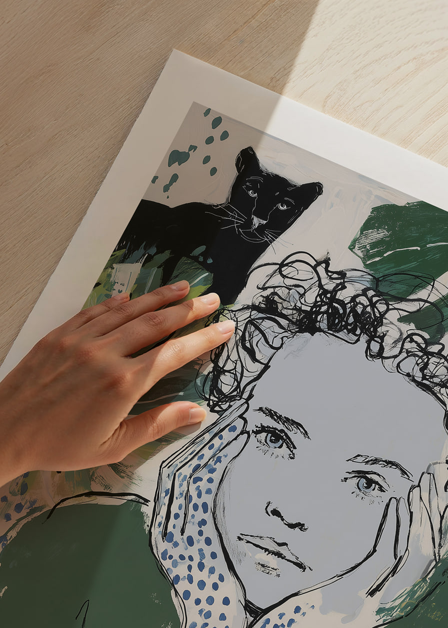 En drömlik illustration med en tankfull blick i grönt och blått.-12