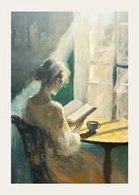 A woman enjoys the morning light while reading.-3