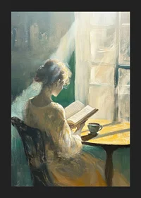 A woman enjoys the morning light while reading.-5