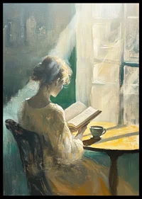 A woman enjoys the morning light while reading.-6