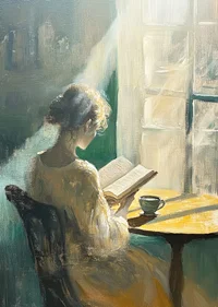 A woman enjoys the morning light while reading.-7
