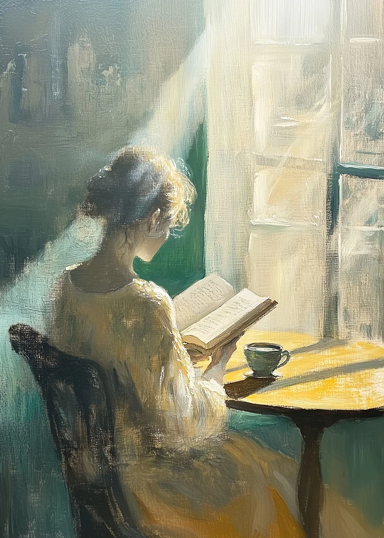 A woman enjoys the morning light while reading.-12