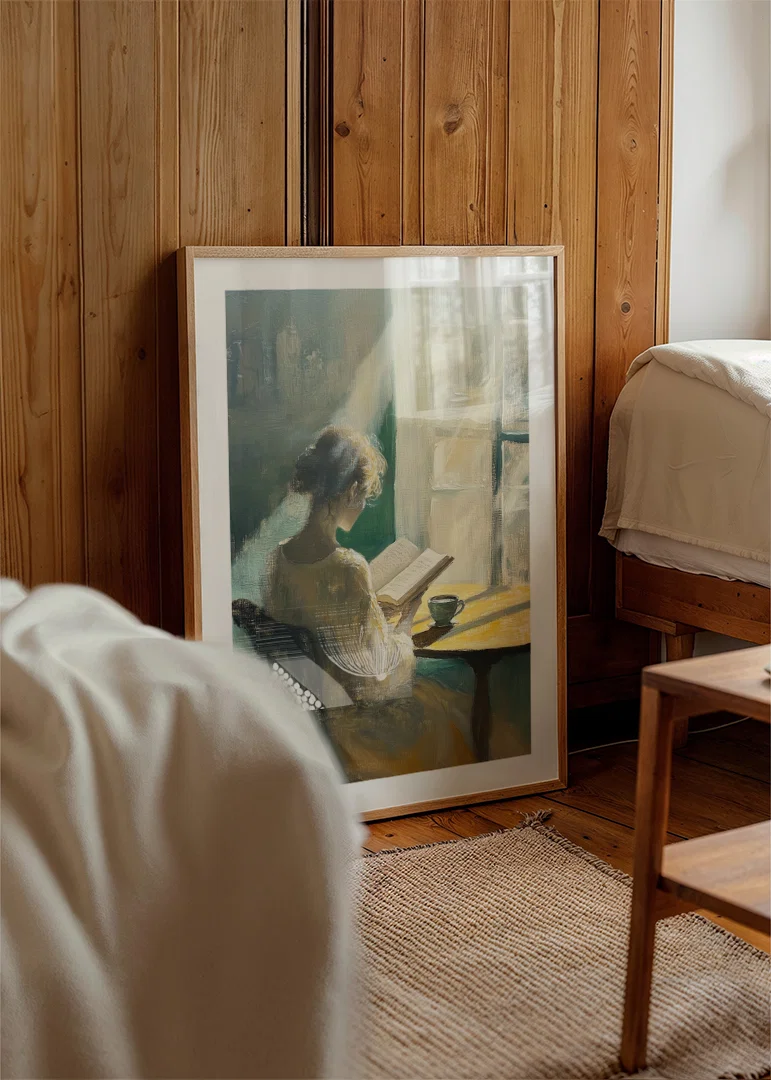 A woman enjoys the morning light while reading.-12