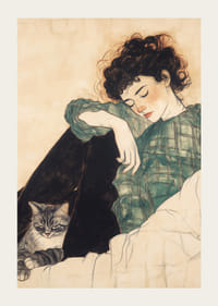 A girl rests with her cat in a calm, dreamlike moment.-3