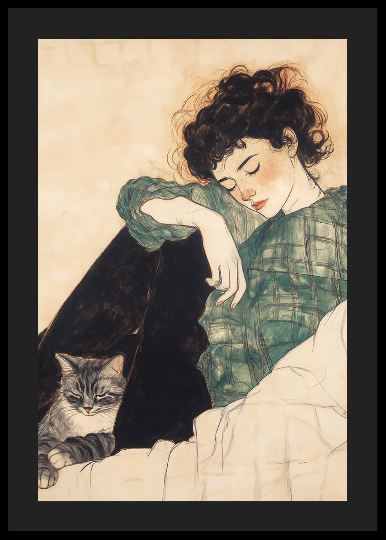 A girl rests with her cat in a calm, dreamlike moment.-12