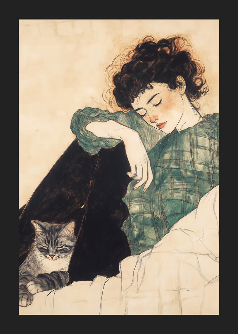 A girl rests with her cat in a calm, dreamlike moment.-12