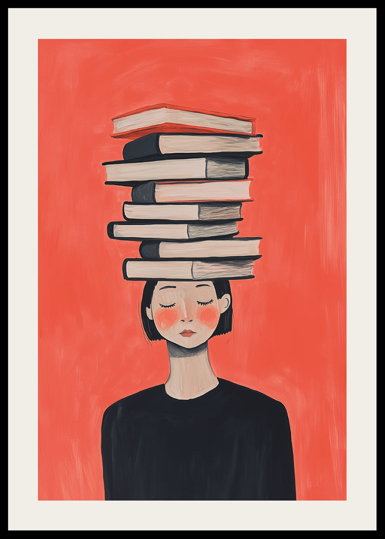 O femeie ține cărți în echilibru pe cap, în tăcere.-12