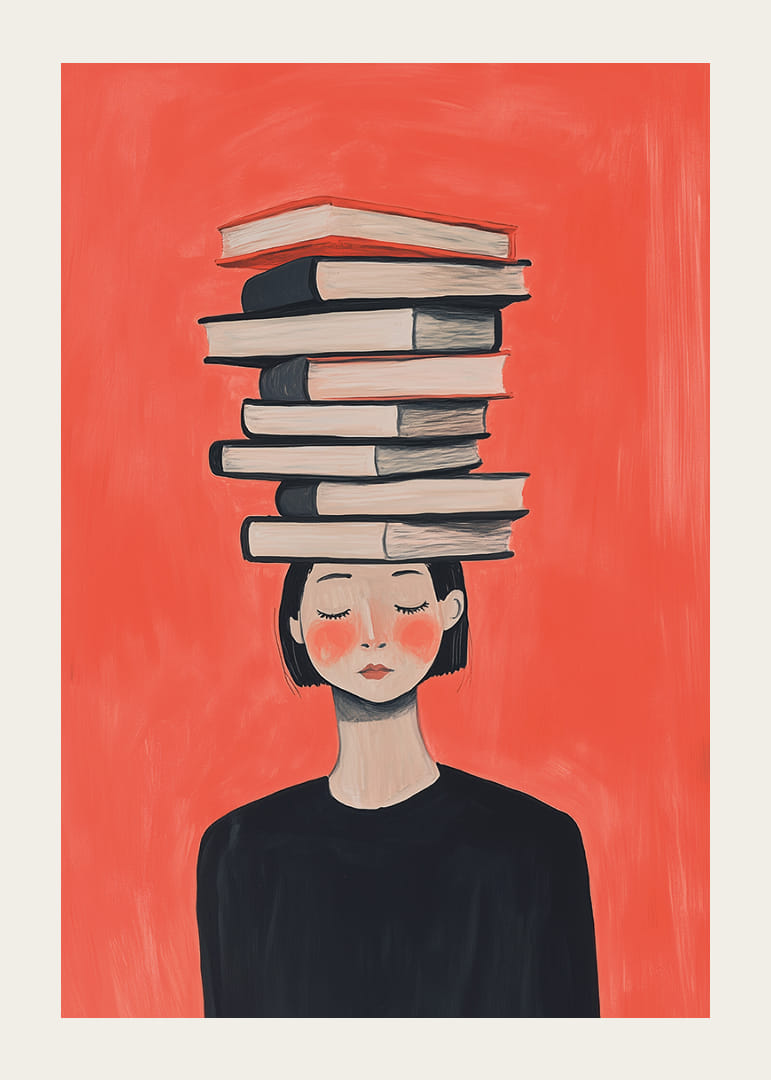 O femeie ține cărți în echilibru pe cap, în tăcere.-12