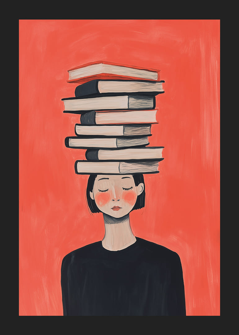 O femeie ține cărți în echilibru pe cap, în tăcere.-12