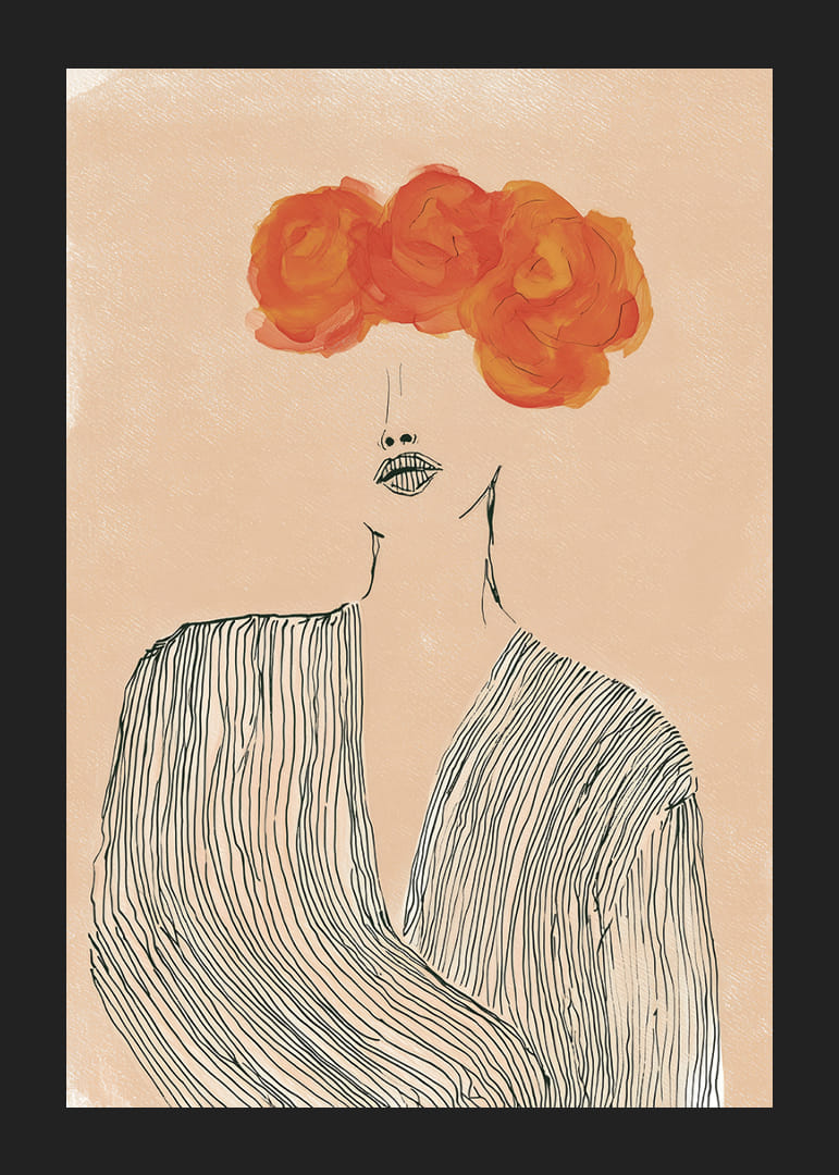 Na tomto umeleckom plagáte sa elegantné línie snúbia so žiarivými kvetmi.-12