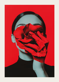 Een rode roos en een hand versmelten, waardoor het gezicht verborgen blijft tegen een intens rode achtergrond.-3