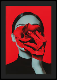 Een rode roos en een hand versmelten, waardoor het gezicht verborgen blijft tegen een intens rode achtergrond.-4