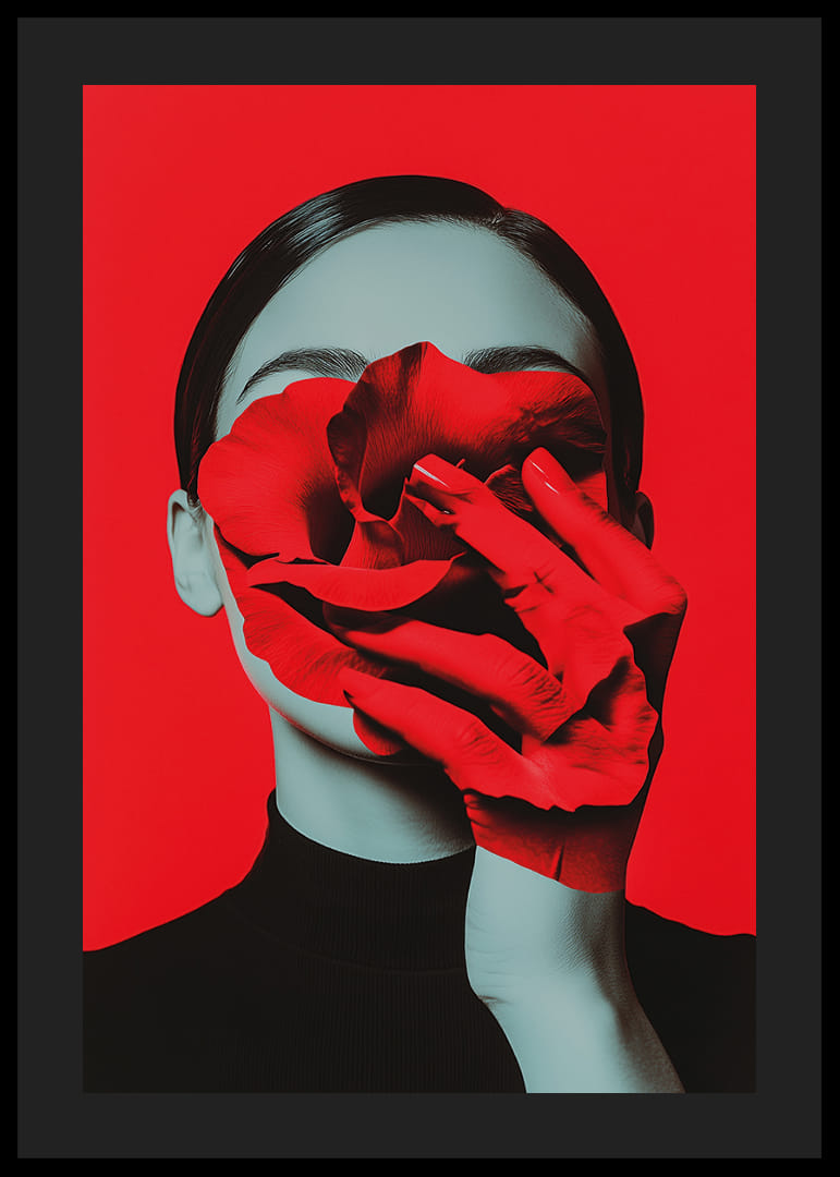 Een rode roos en een hand versmelten, waardoor het gezicht verborgen blijft tegen een intens rode achtergrond.-12