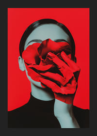 Een rode roos en een hand versmelten, waardoor het gezicht verborgen blijft tegen een intens rode achtergrond.-5