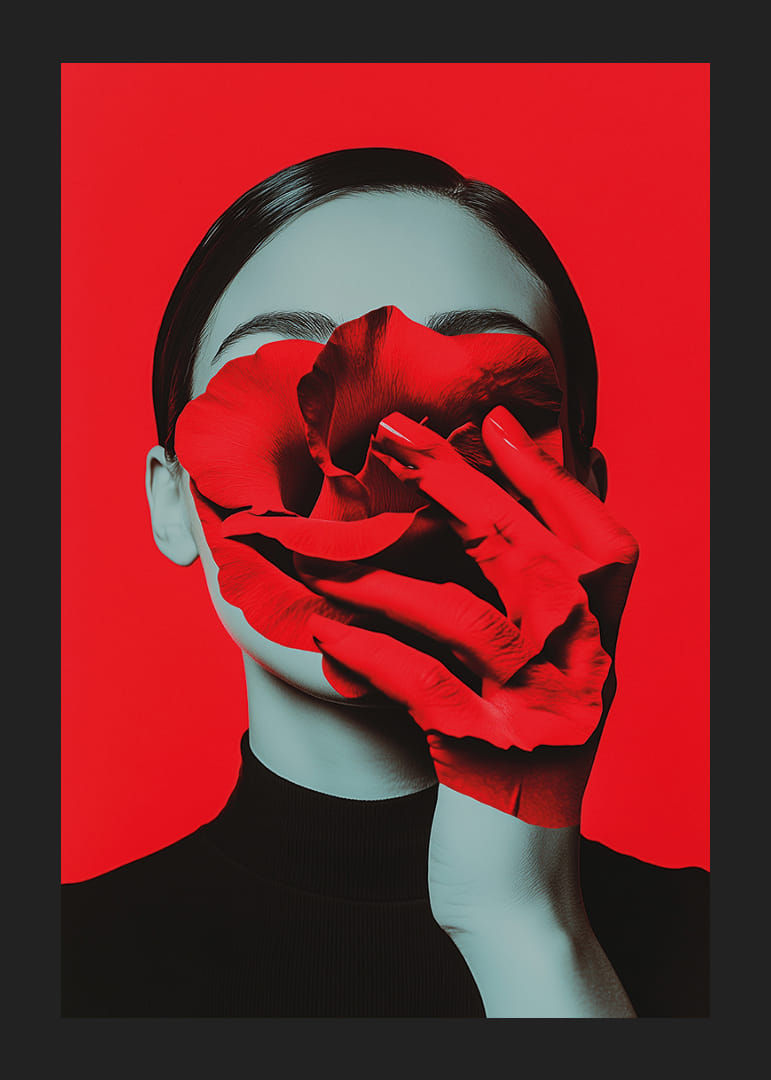 Een rode roos en een hand versmelten, waardoor het gezicht verborgen blijft tegen een intens rode achtergrond.-12