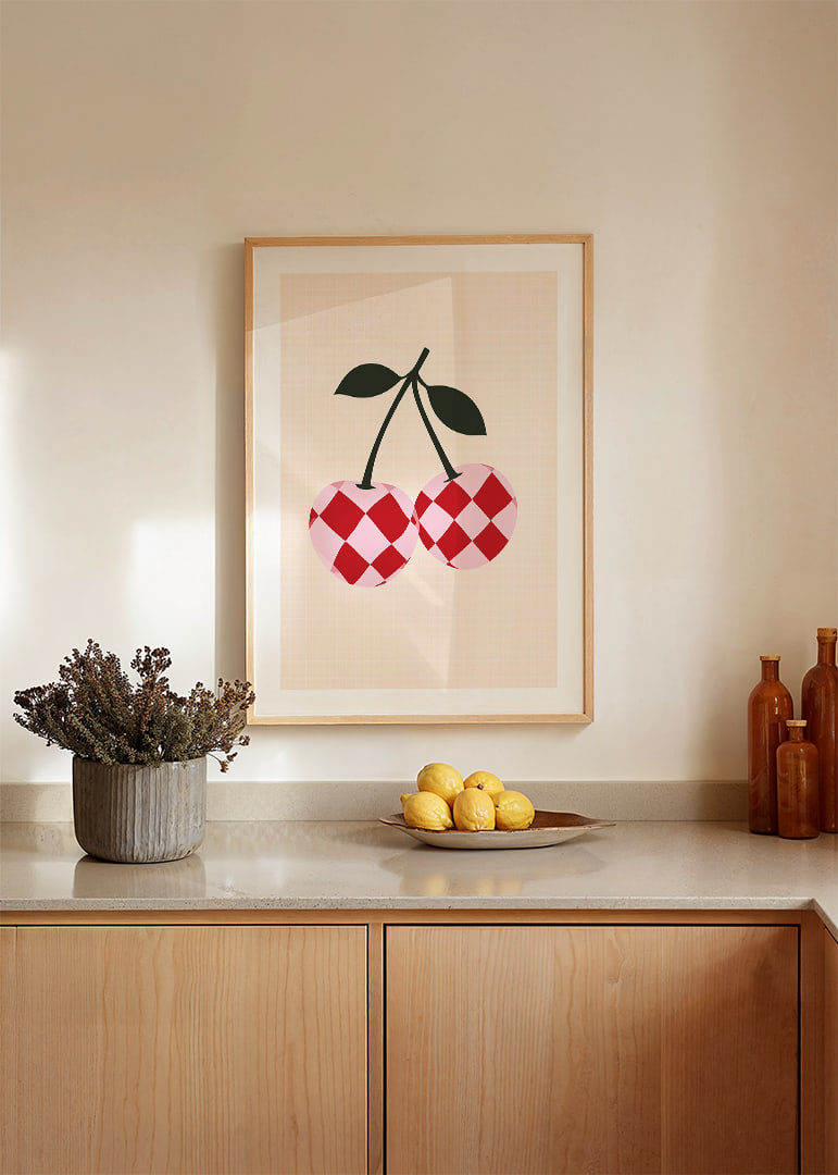 Lekfullt geometriskt körsbärsmotiv med vintagekänsla.-12