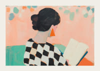 Kvinna i färgglad miljö försjunken i en bok.-3