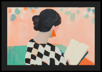 Kvinna i färgglad miljö försjunken i en bok.-4